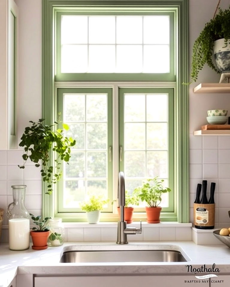 unique sage green windows and trim - 25 Sage Green and White Kitchen Ideas