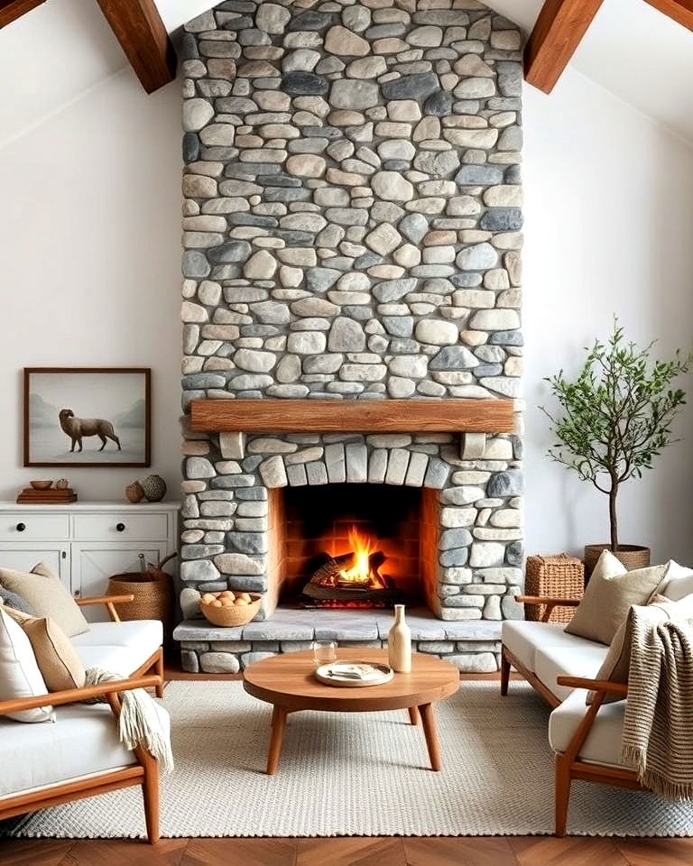 unique statement stone fireplace - 30 Rustic Scandinavian Living Room Ideas