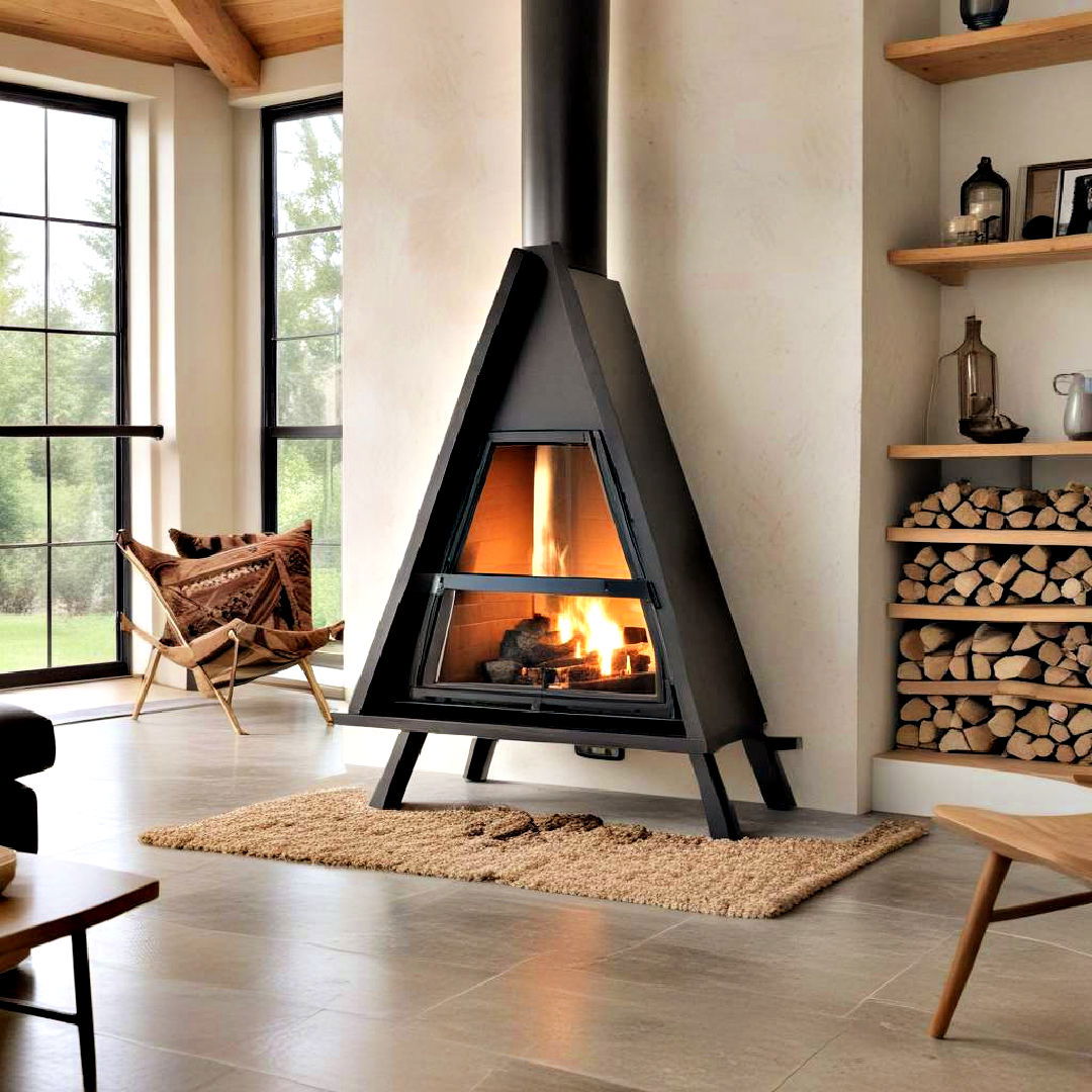 unique triangular shape tipi wood fireplace - 40 Modern Fireplace Ideas