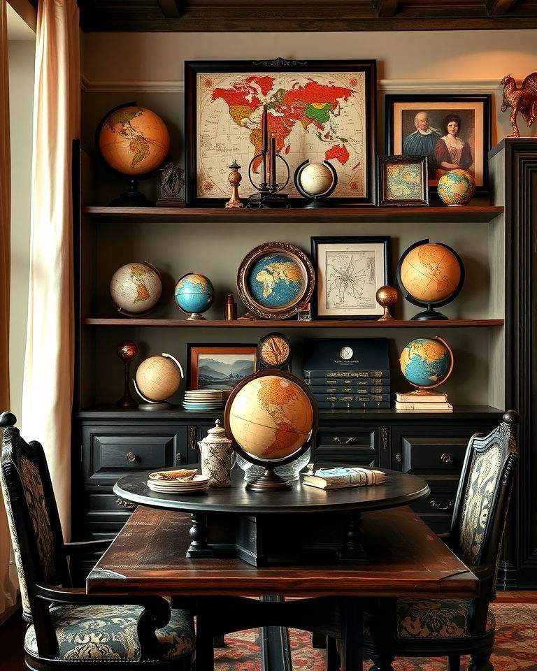unique vintage globes display - 20 Dark Academia Dining Room Ideas