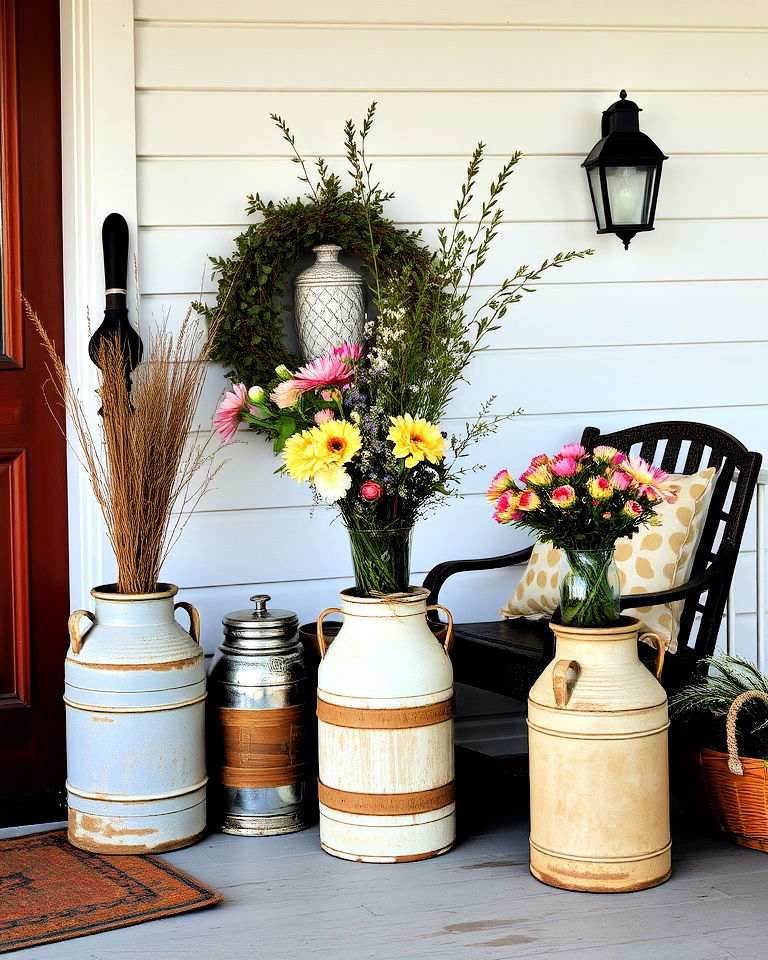 unique vintage milk cans - 30 Rustic Porch Ideas