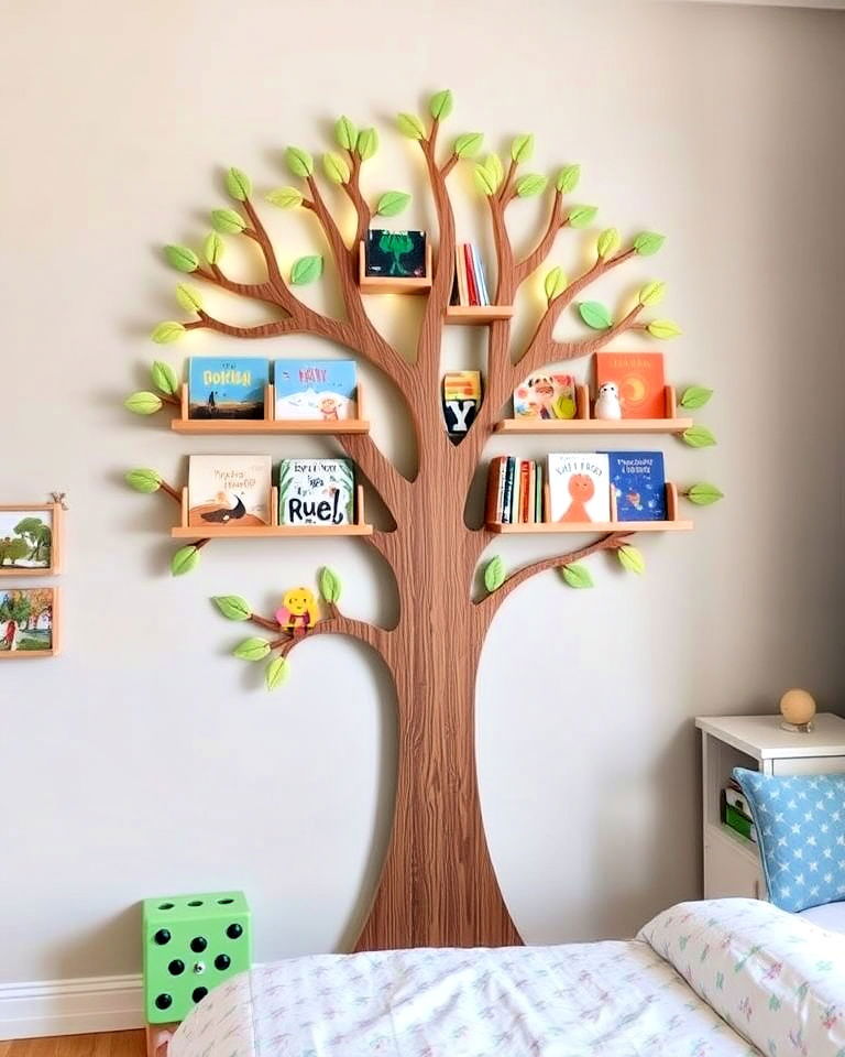 unique wall mounted bookshelf tree - 40 Toddler Room Ideas