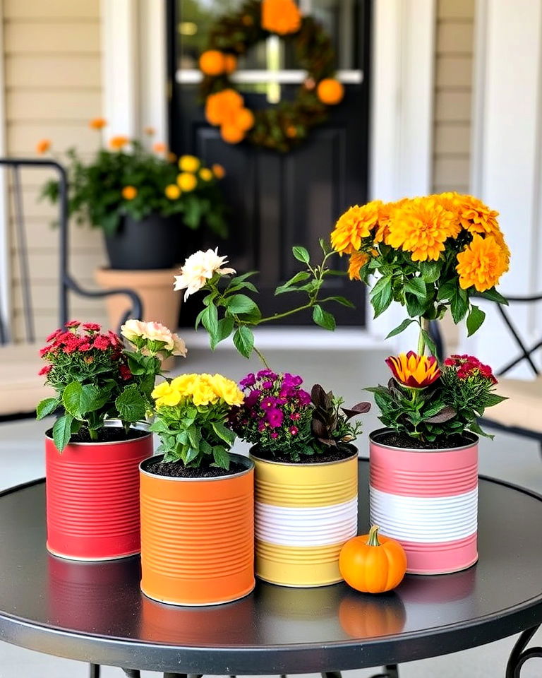 upcycle tin cans in charming fall planters - 40 Fall Planter Ideas