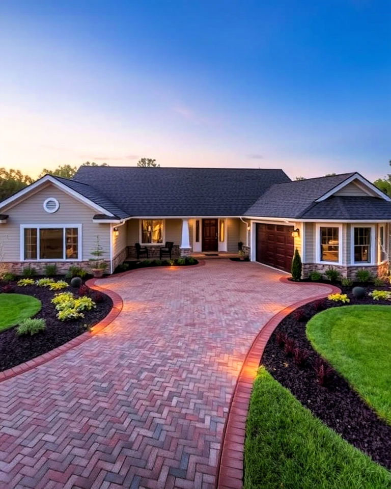 upgraded driveway to enhance the look of ranch home - 40 Curb Appeal Inspiration for Ranch Homes