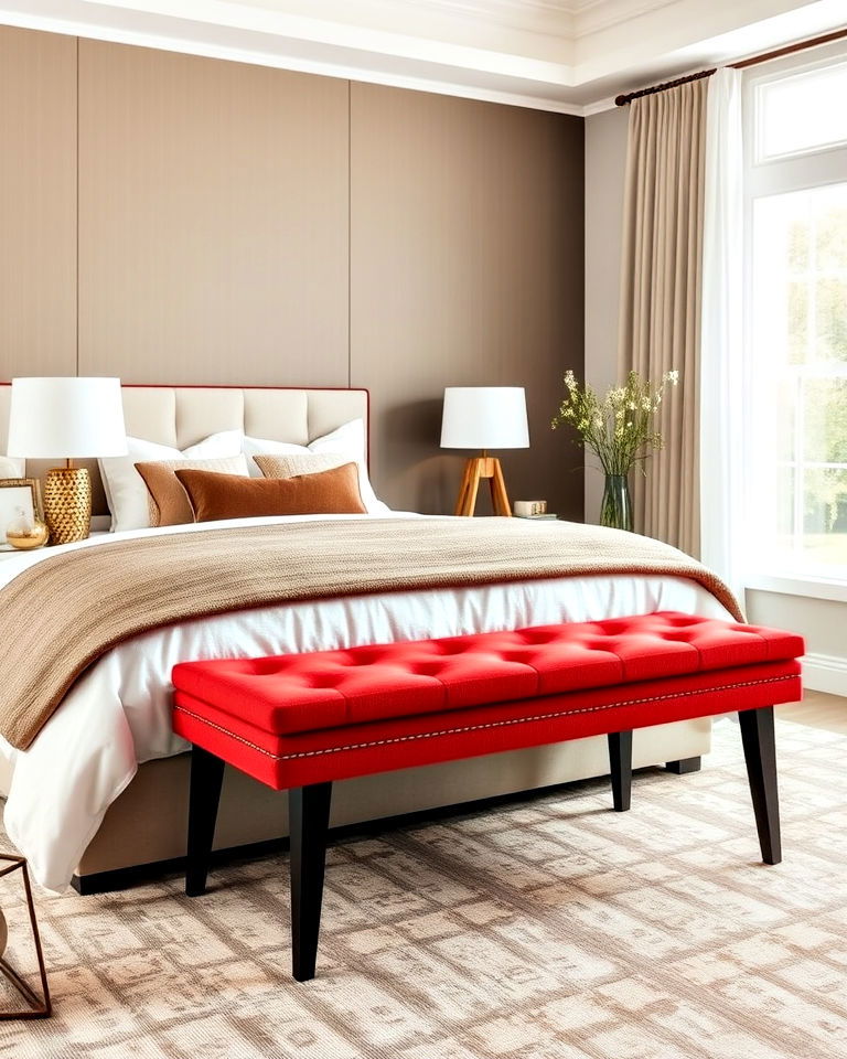 upholstered bench for black and red bedroom - 25 Red and Black Bedroom Ideas