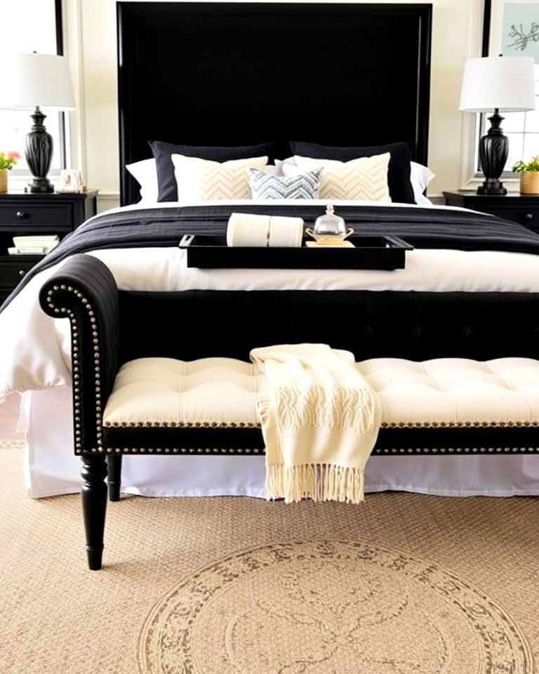 upholstered black bench design - 35 Cream and Black Bedroom Ideas
