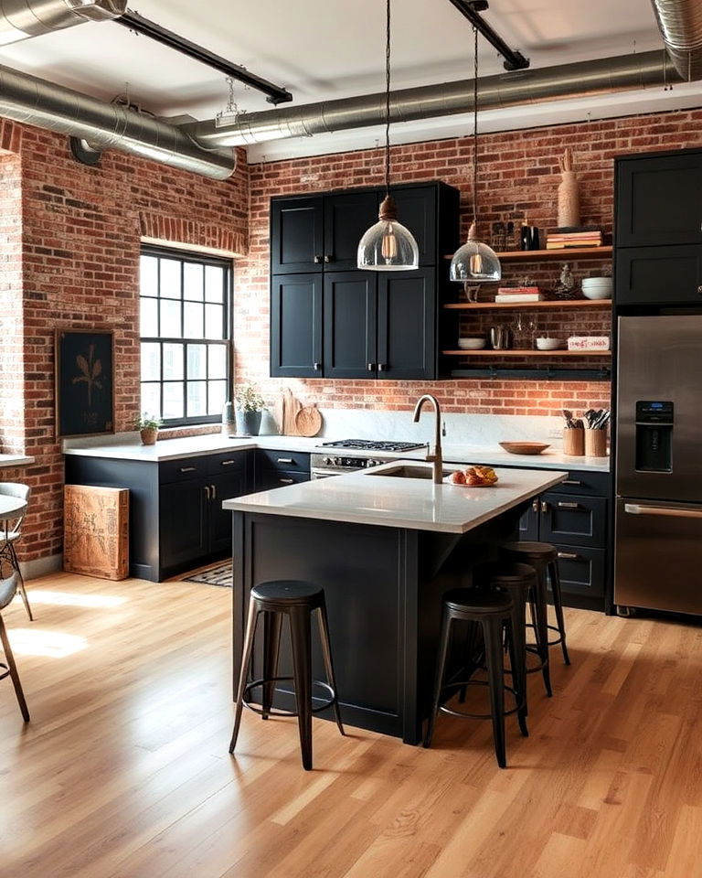 urban industrial kitchen with light maple floor - 20 Light Wood Floor Kitchen Ideas