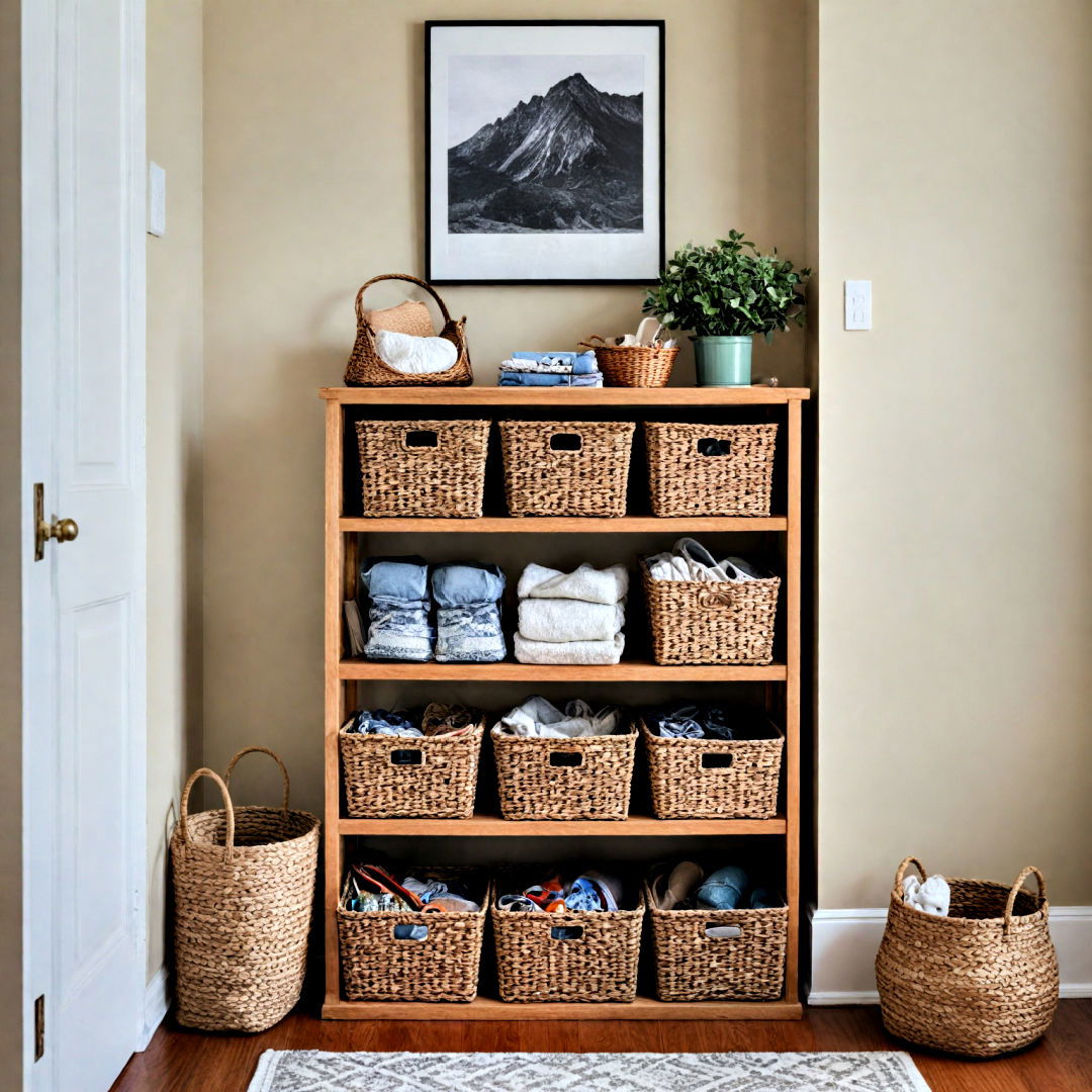 use baskets for storage - 40 Small Entryway Ideas