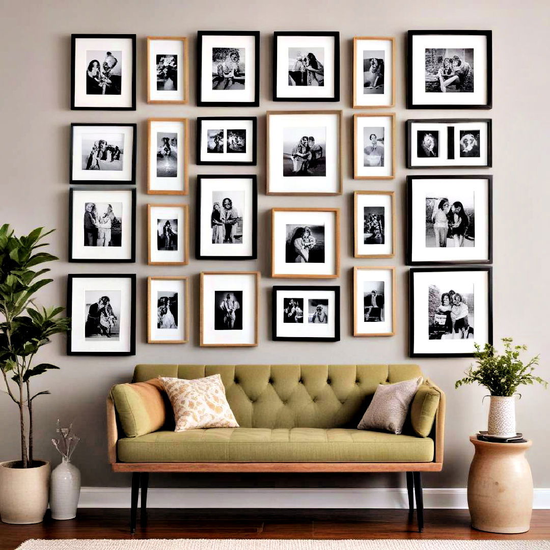 use frames of two contrasting colors - 40 Photo Wall Ideas