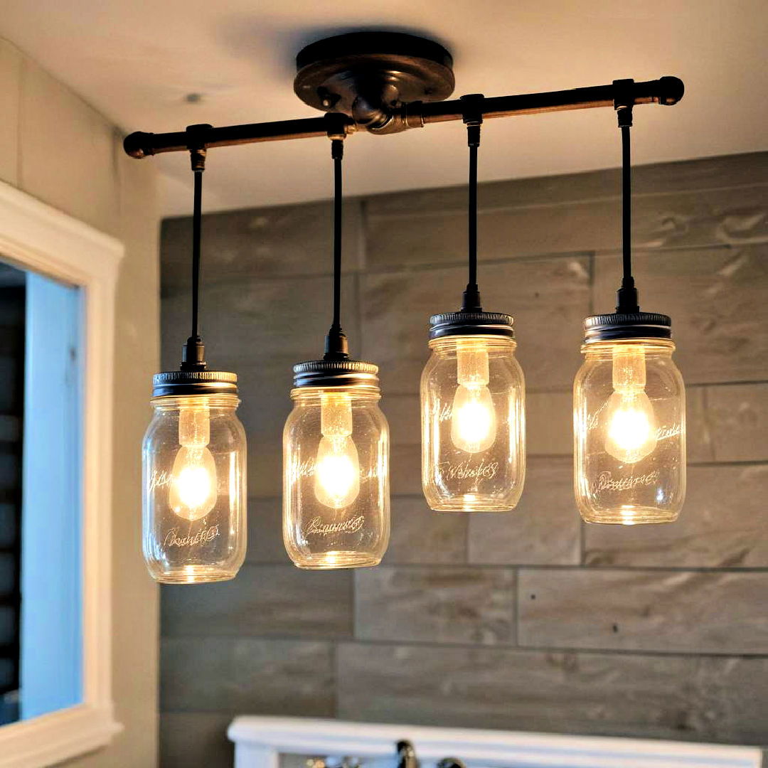 use mason jars as light fixtures - 40 Farmhouse Bathroom Ideas