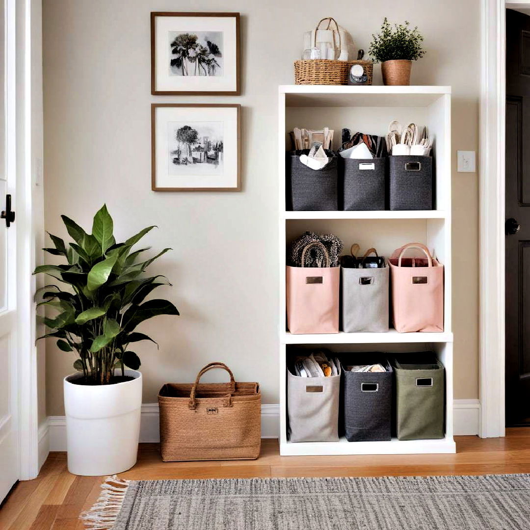 use stackable storage bins - 40 Small Entryway Ideas