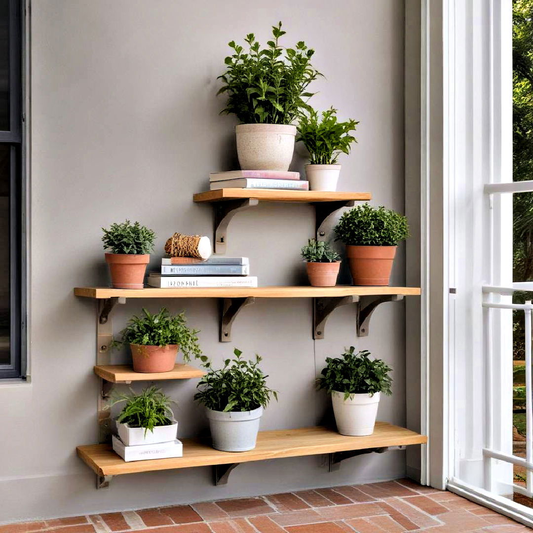 use wall mounted shelves - 40 Small Front Porch Ideas