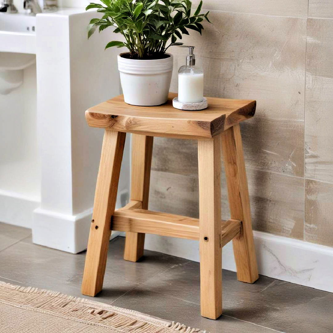 use wooden stool as plant stand - 40 Farmhouse Bathroom Ideas