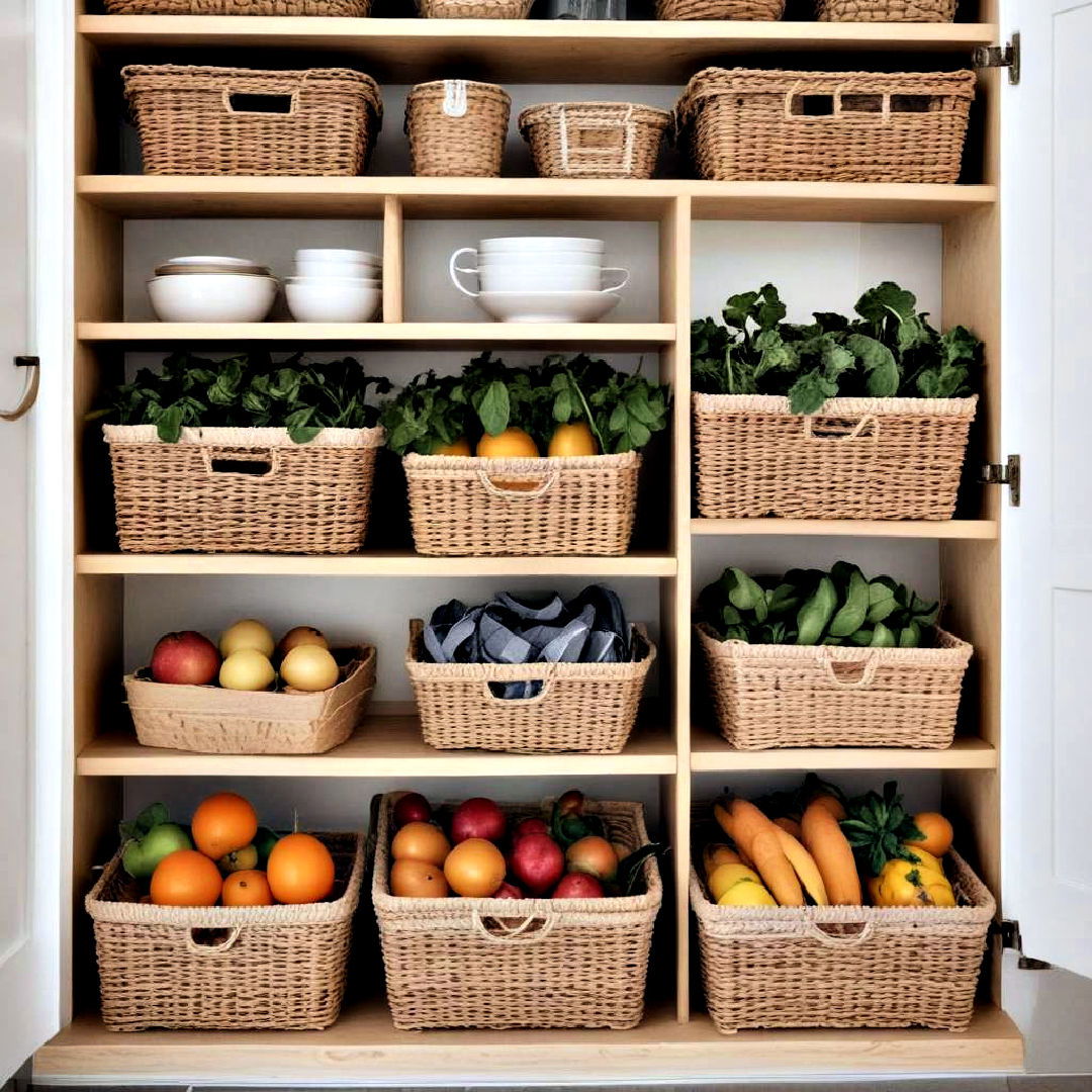 use woven basket for storage - 40 Kitchen Decor Ideas