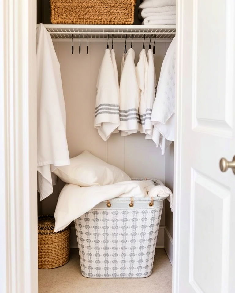 used linens in small hamper - 30 Linen Closet Organization Ideas