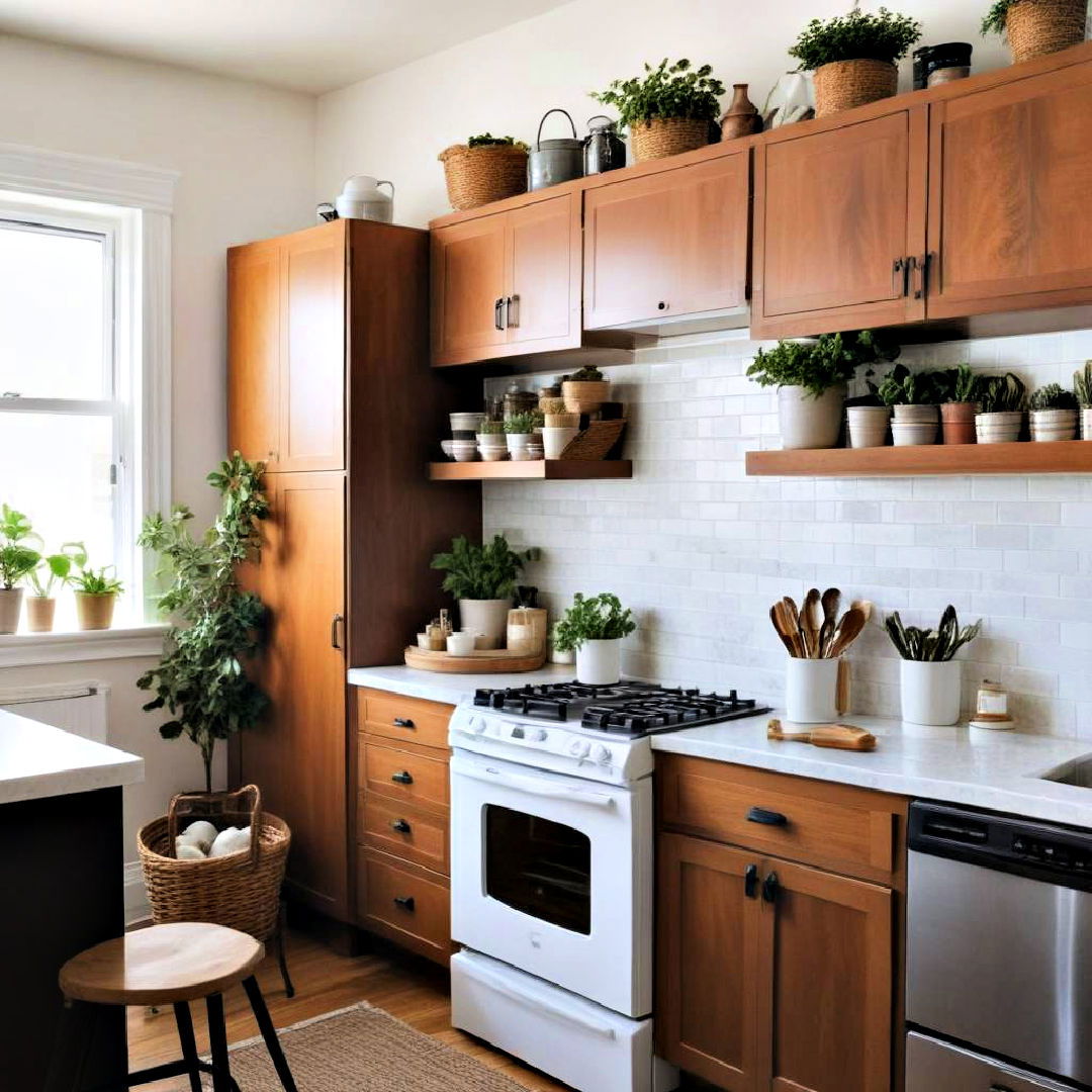 utilize space above cabinets for decorative storage - 40 Apartment Decorating Ideas