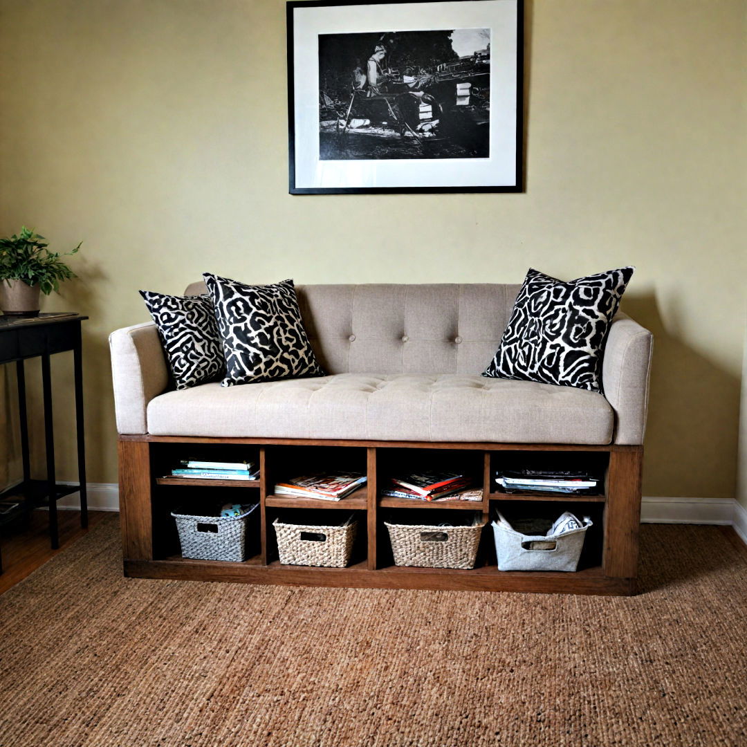 utilize under furniture space for storage - 40 Small Living Room Ideas