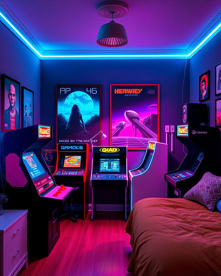 vaporwave theme with retro arcade corner - 20 Vaporwave Room Ideas