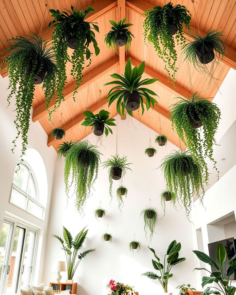 vaulted ceiling design with hanging plants - 40 Vaulted Ceiling Ideas