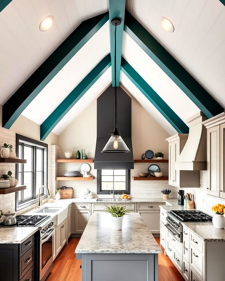 vaulted ceiling kitchen with painted beams - 25 Vaulted Ceiling Kitchen Ideas