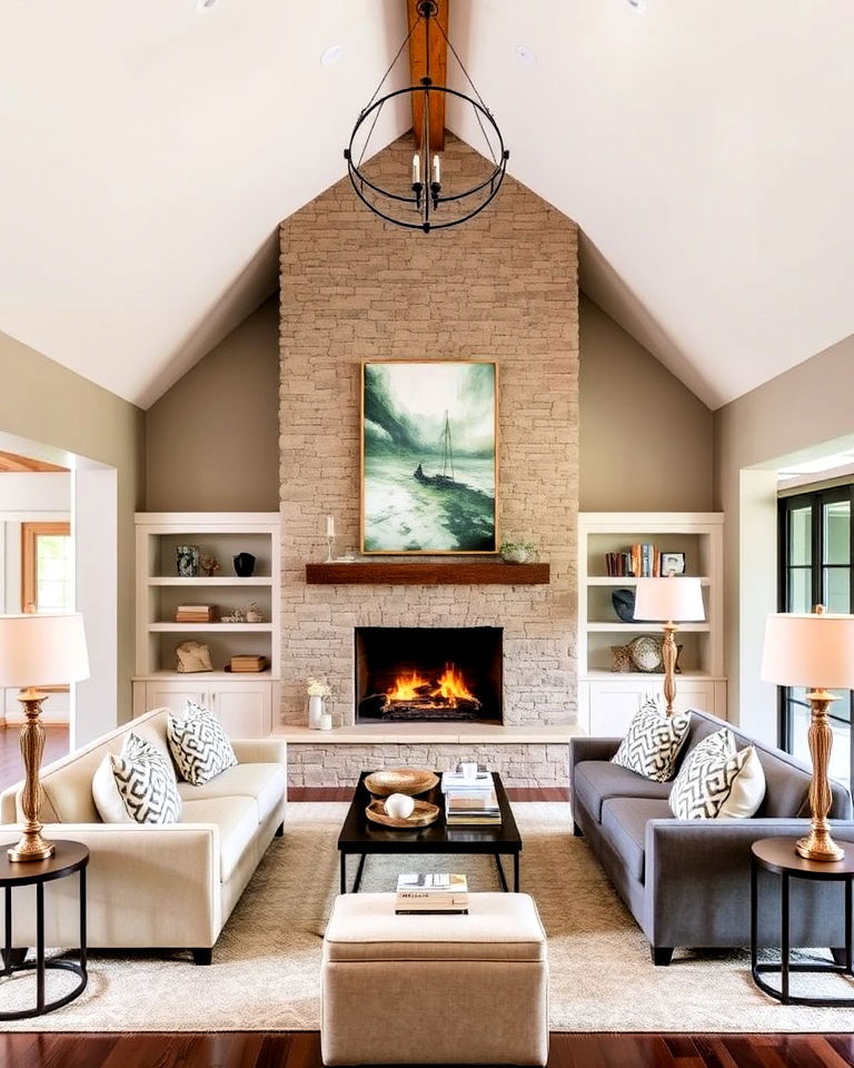 vaulted ceiling living room with a cozy fireplace - 20 Open Concept Vaulted Ceiling Living Room Ideas