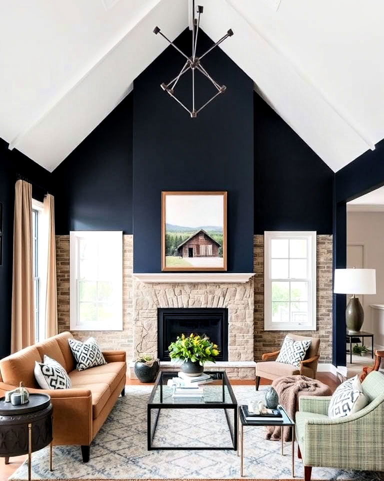 vaulted ceiling living room with bold accent walls - 20 Open Concept Vaulted Ceiling Living Room Ideas