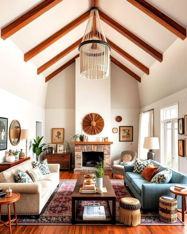vaulted ceiling living room with eclectic decor - 20 Open Concept Vaulted Ceiling Living Room Ideas