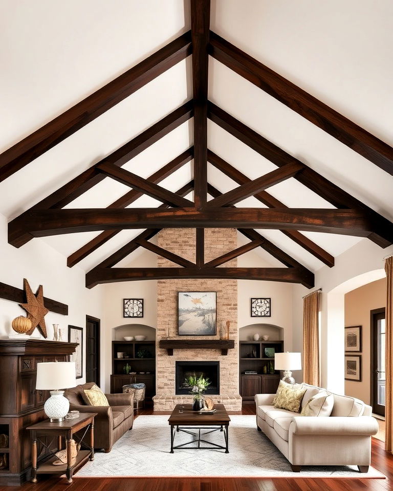 vaulted ceiling with contrasting beams - 20 Open Concept Vaulted Ceiling Living Room Ideas