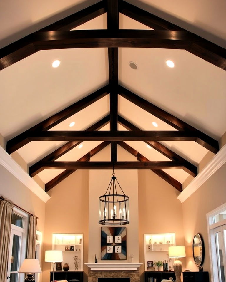 vaulted ceiling with layered lighting design - 20 Open Concept Vaulted Ceiling Living Room Ideas