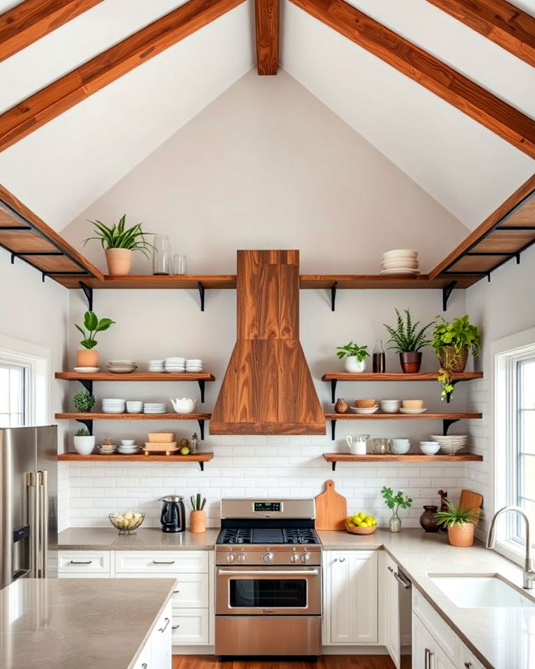 vaulted ceiling with open shelving - 25 Vaulted Ceiling Kitchen Ideas