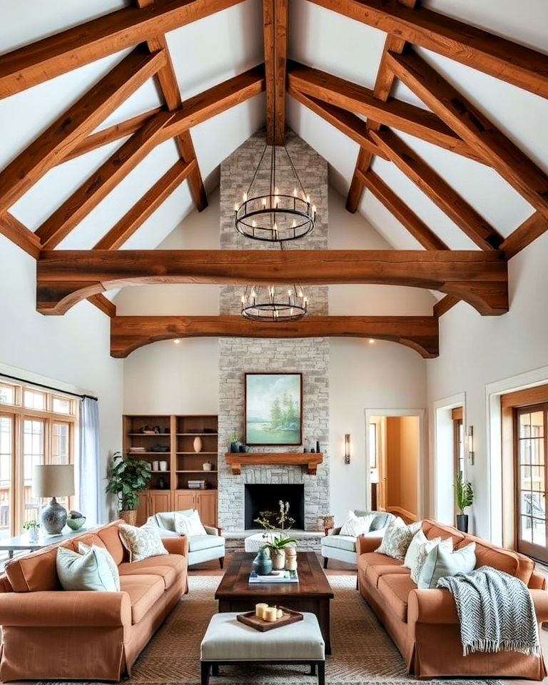 vaulted ceiling with rustic beams - 20 Open Concept Vaulted Ceiling Living Room Ideas
