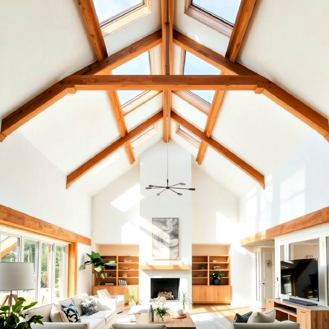 vaulted ceiling with skylight and beams - 25 Exposed Beam Living Room Ideas