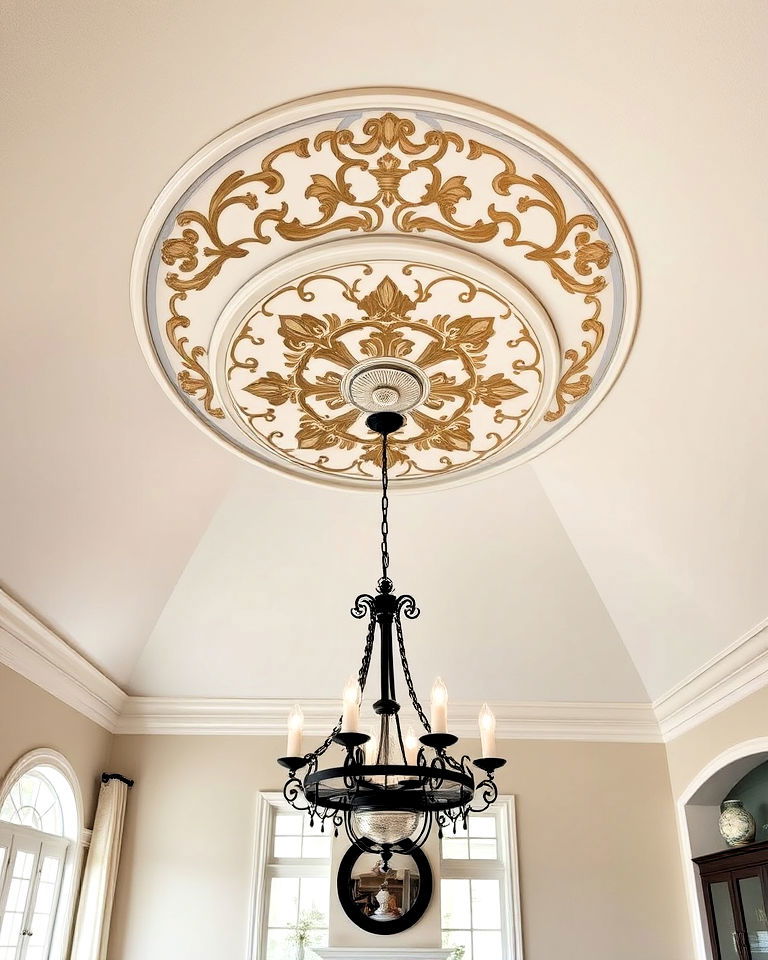 vaulted ceiling with traditional painted medallion - 40 Vaulted Ceiling Ideas