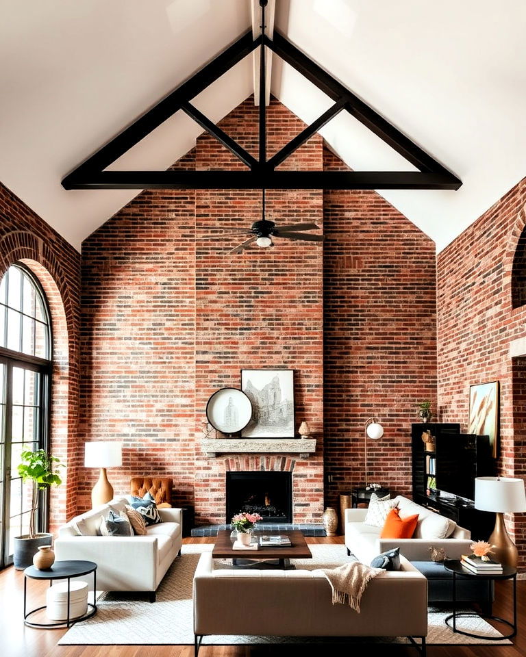 vaulted ceilings with exposed brick walls - 20 Open Concept Vaulted Ceiling Living Room Ideas