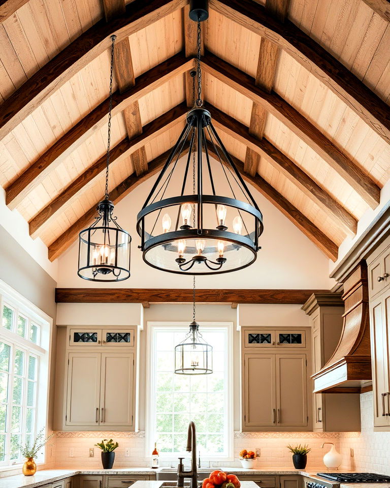 vaulted kitchen ceiling with statement lighting fixtures - 25 Vaulted Ceiling Kitchen Ideas