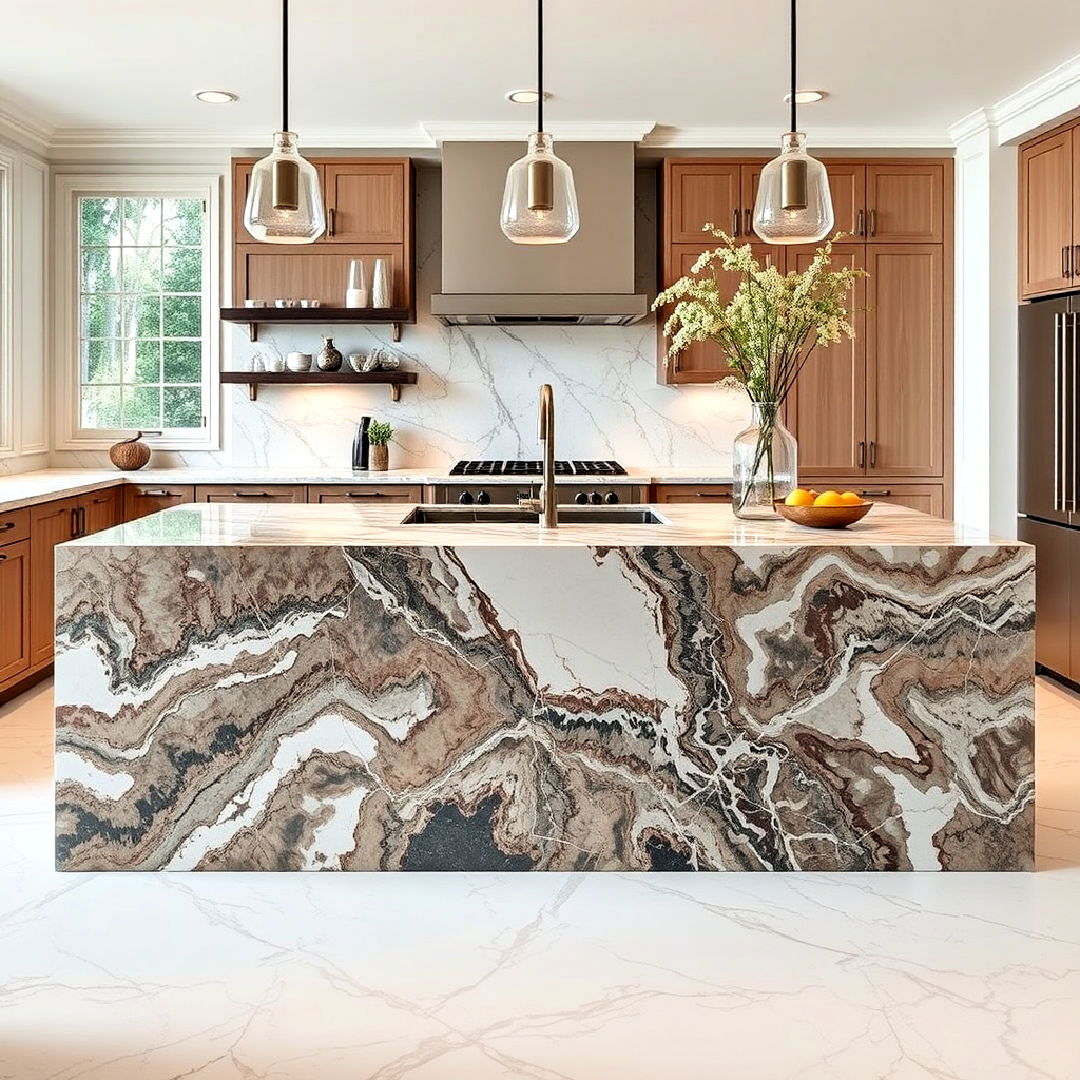 vein rich marble waterfall kitchen island - 15 Waterfall Kitchen Island Ideas