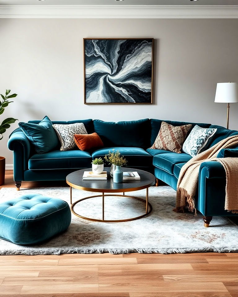 velvet and plush accessories to add luxury - 20 Teal Couch Living Room Ideas