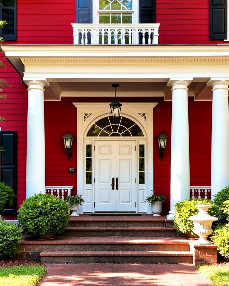 velvet red house exterior with white columns - 20 Dark Red House Exterior Ideas
