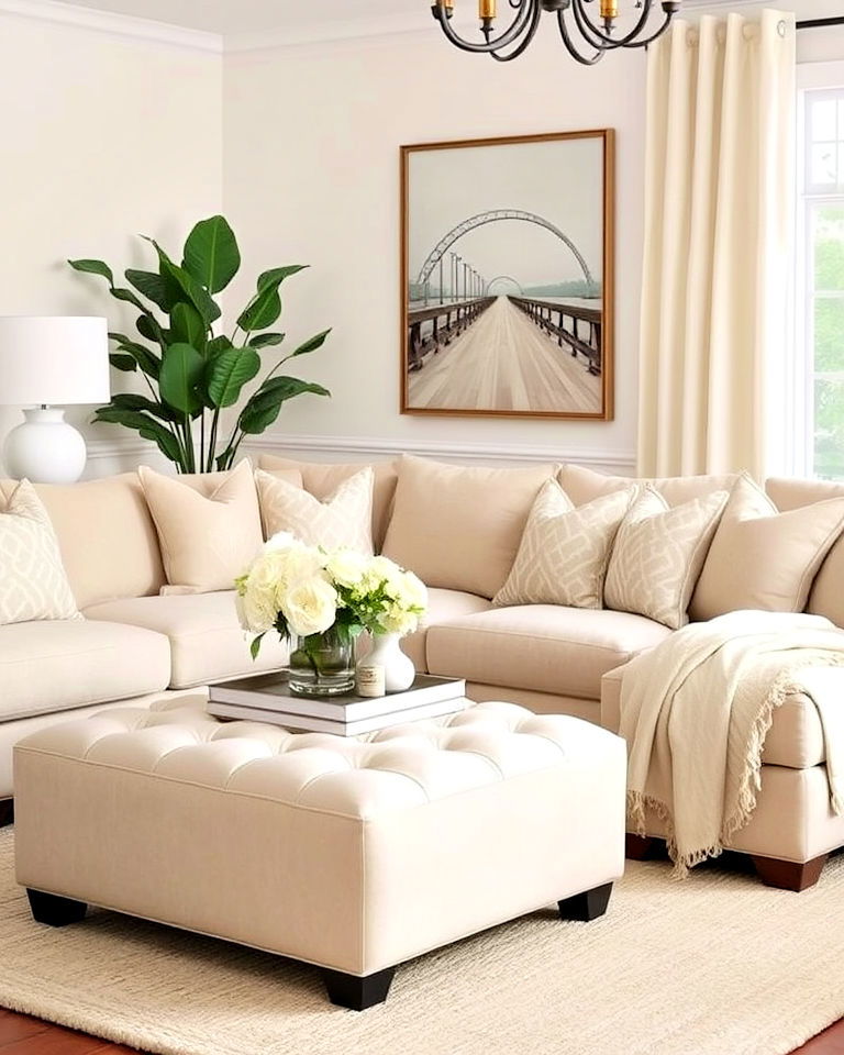 versatile beige upholstered ottoman - 20 Beige and White Living Room Ideas