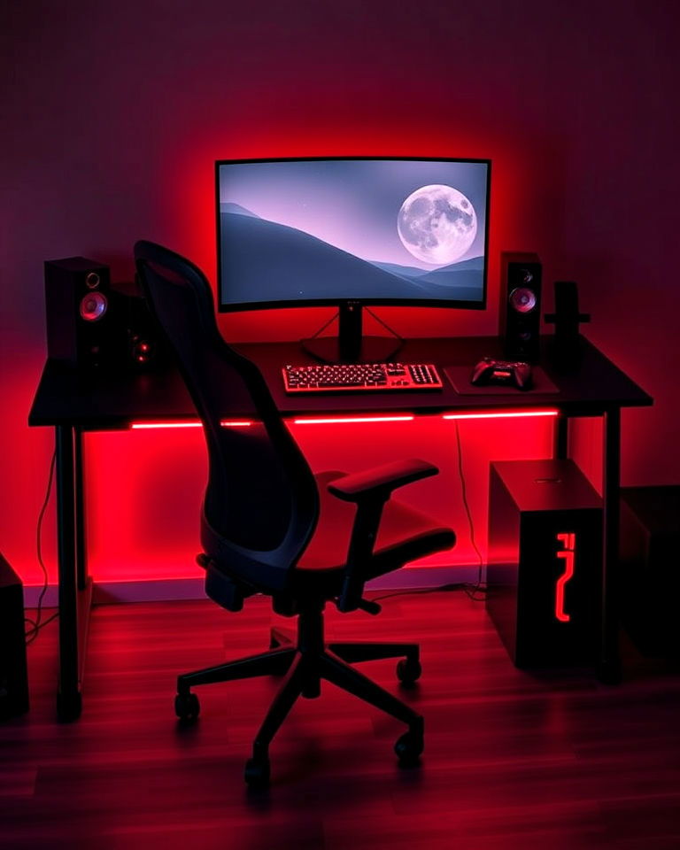 versatile black desk with red accessories - 20 Red and Black Gaming Setup Ideas