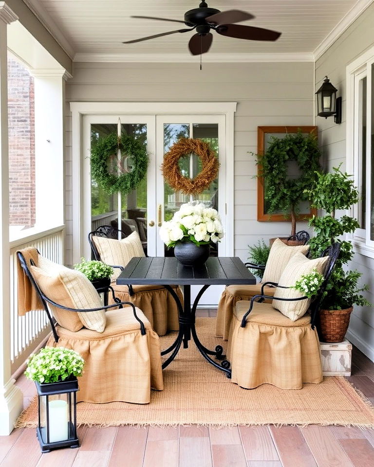 versatile burlap accents and pillows - 30 Rustic Porch Ideas