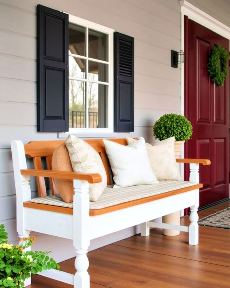 versatile classic wooden bench - 30 Colonial Front Porch Ideas