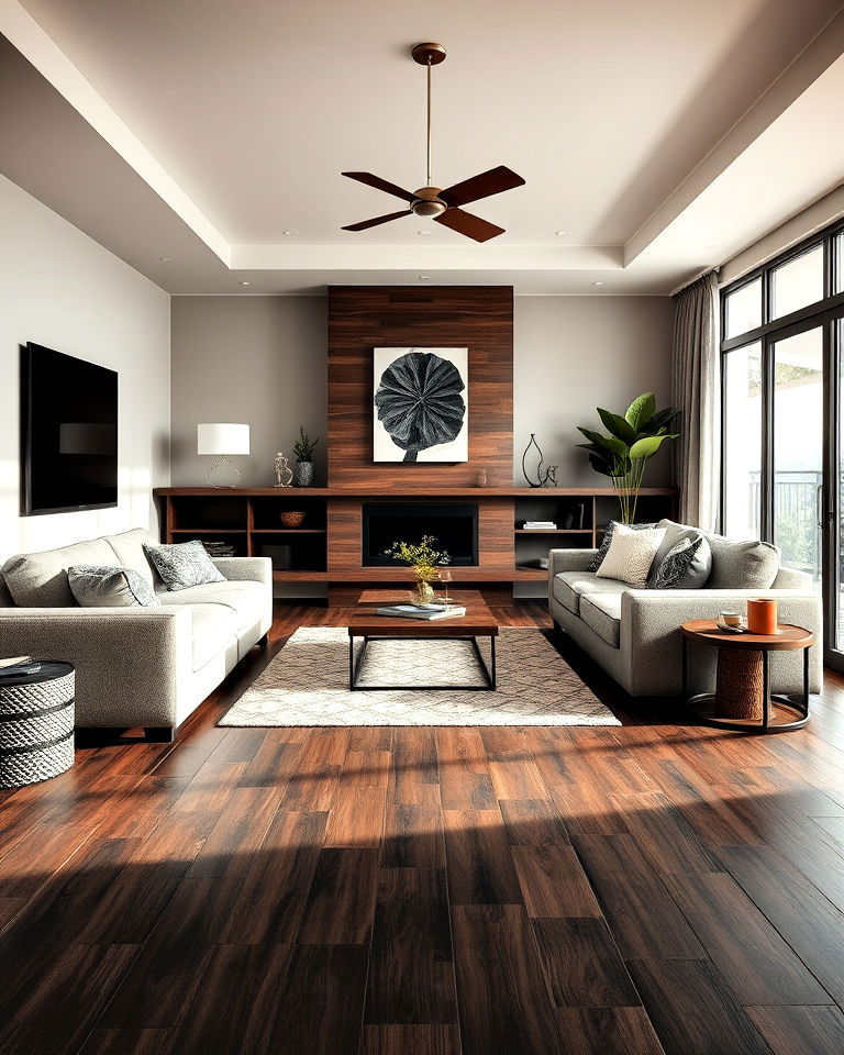 versatile dark brown vinyl tiles floor - 30 Dark Brown Floor Living Room Ideas