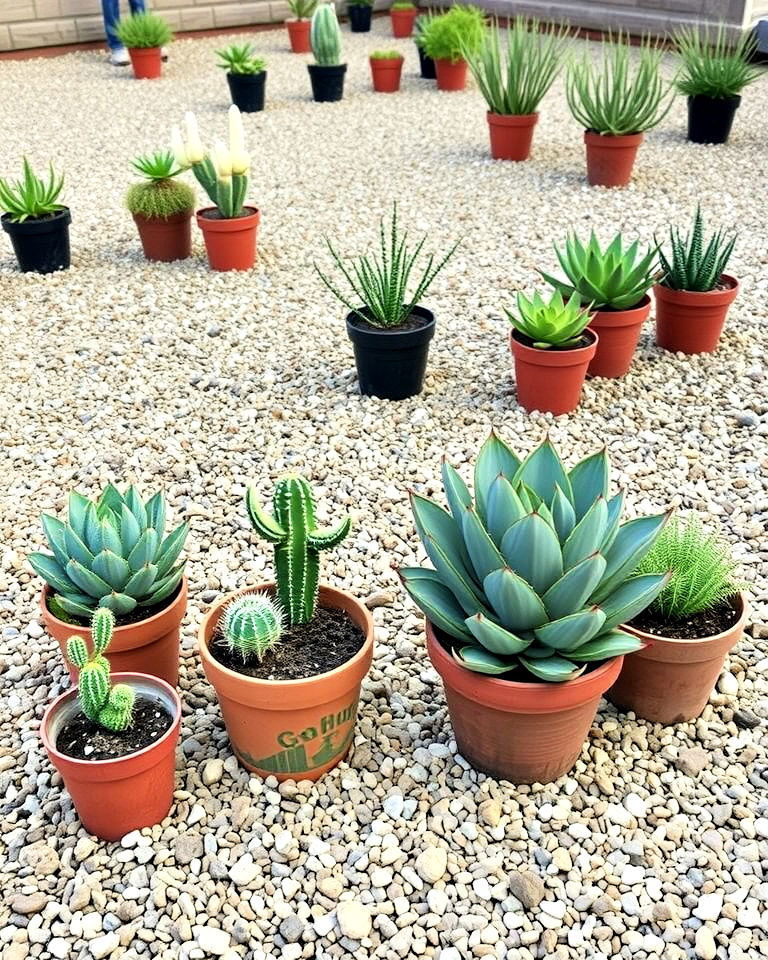 versatile gravel garden with potted plants - 30 Drought Tolerant Landscaping Ideas