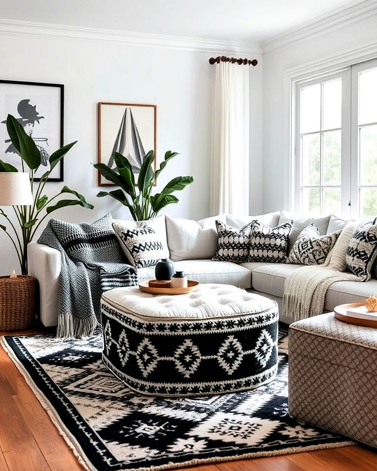 versatile textured ottoman - 20 Black and White Boho Living Room Ideas