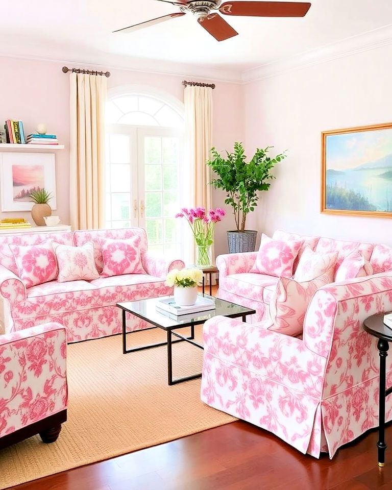 versatile white slipcovers with pink patterns - 20 Pink and White Living Room Ideas