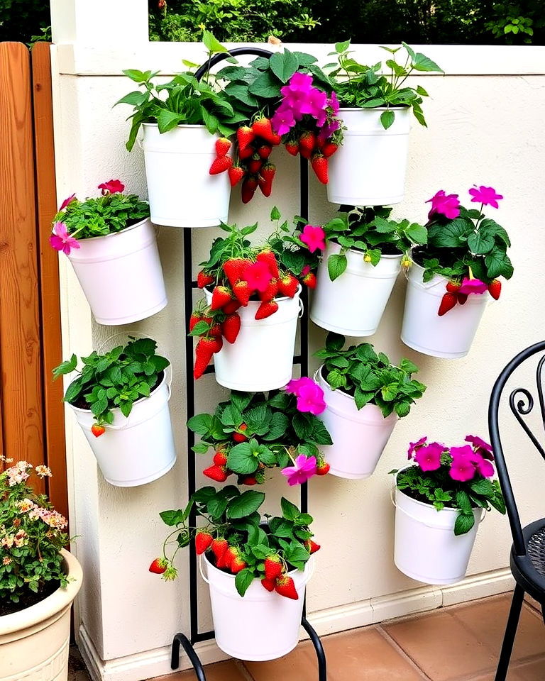 vertical bucket garden for small space - 20 Bucket Garden Ideas