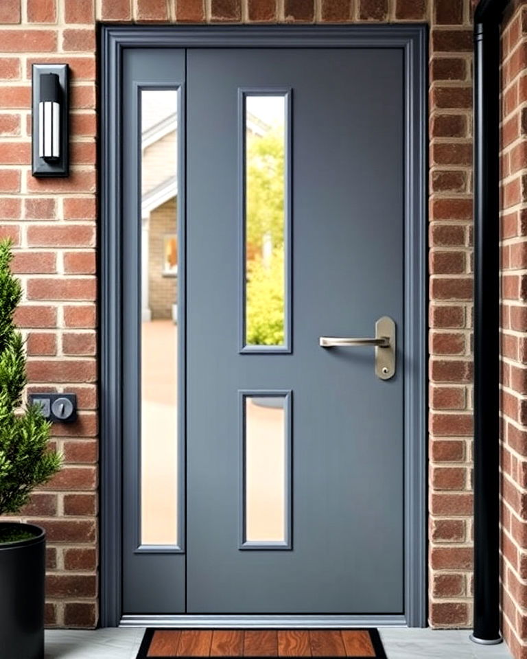 vertical glass panels for ash grey front door - 25 Grey Front Door Ideas