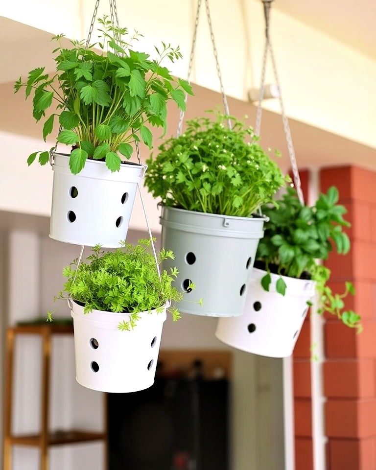 vertical hanging herb buckets - 20 Bucket Garden Ideas
