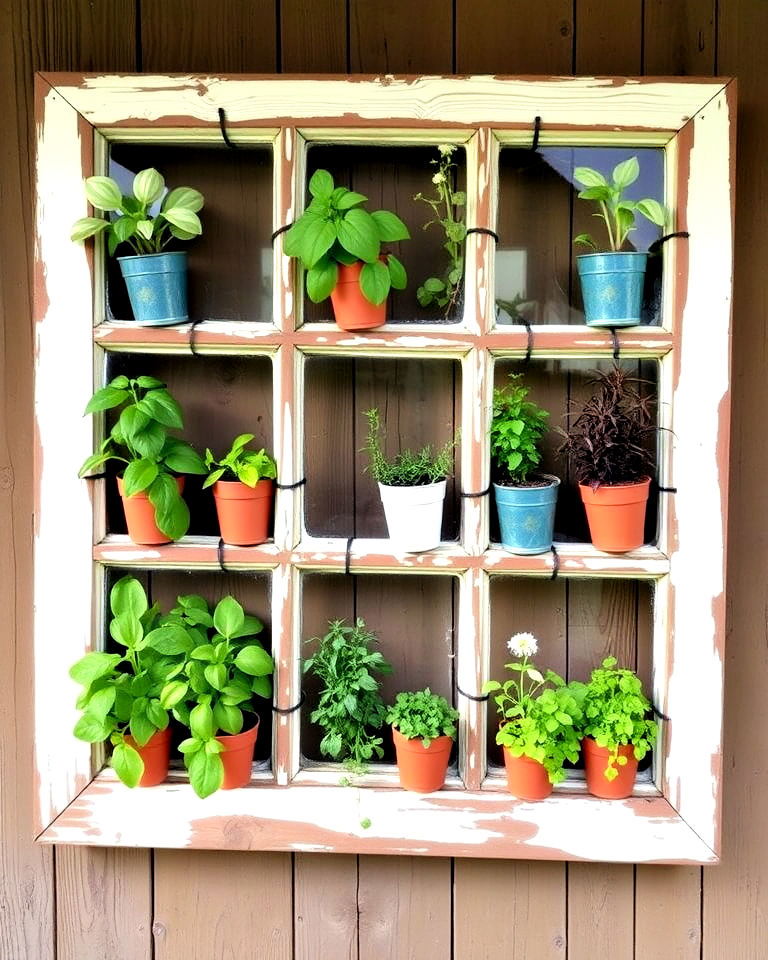 vertical herb garden with window frame - 40 Vertical Garden Ideas